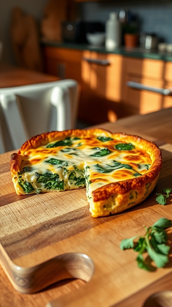 Baked spinach frittata with cheese, served on a cutting board in a rustic kitchen.